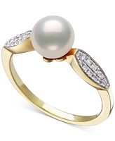 Belle de Mer Cultured Freshwater Pearl (7mm) & Diamond (1/6 ct. t.w.) Leaf Accent Ring in 10k Gold