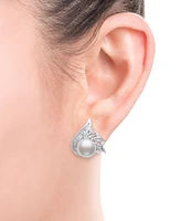 Belle de Mer Cultured Freshwater Pearl (8-9mm) & Lab Created White Sapphire (2 ct. t.w.) Mixed Cut Swirl Stud Earrings in Sterling Silver