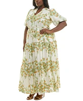Taylor Plus Floral Split-Neck Puff-Sleeve Maxi Dress