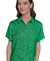 Karl Lagerfeld Paris Women's Short Sleeve Jacquard Button Front Top