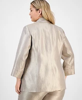 Kasper Plus Drape-Neck Open-Front Cuffed-Sleeve Blazer