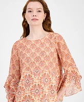 Kasper Women's Printed Boat-Neck Ruffle-Sleeve Blouse, Regular & Petite Sizes
