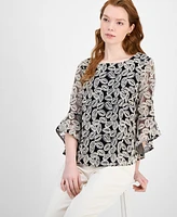 Kasper Women's Embroidered Ruffle-Sleeve Blouse, Regular & Petite Sizes