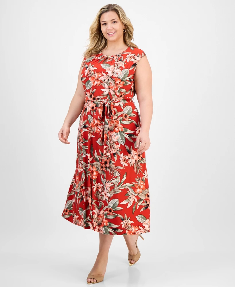 Kasper Plus Pleated Keyhole-Neck Belted Midi Dress