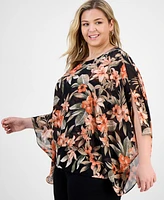 Kasper Plus Floral 3/4-Sleeve Poncho Top