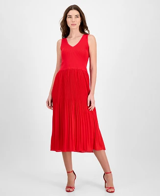 T Tahari Women's Ribbed Pleated Sleeveless Fit & Flare Dress