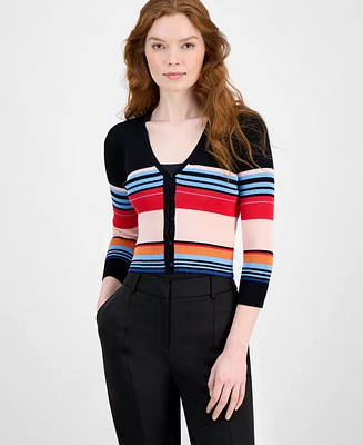 T Tahari Women's Striped V-Neck 3/4-Sleeve Button Cardigan