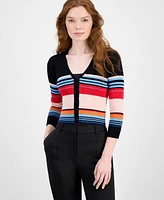 T Tahari Women's Striped V-Neck 3/4-Sleeve Button Cardigan