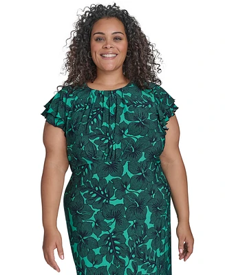 Tommy Hilfiger Plus Dotty Hibiscus Flutter-Sleeve Dress