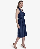 Halston Women's Sleeveless Halter-Neck Faux-Wrap Midi Dress