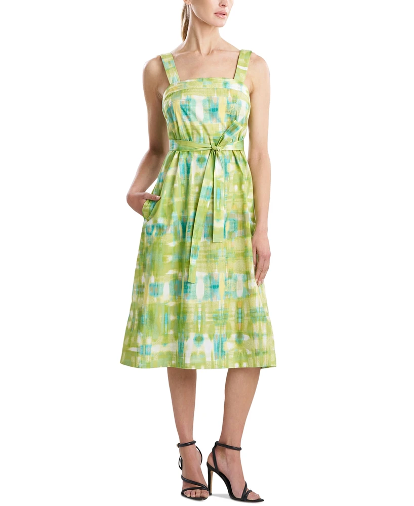Natori Women's Printed Tie-Waist Cotton Midi Dress