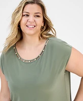 Kasper Plus Beaded-Neckline Short-Sleeve Top