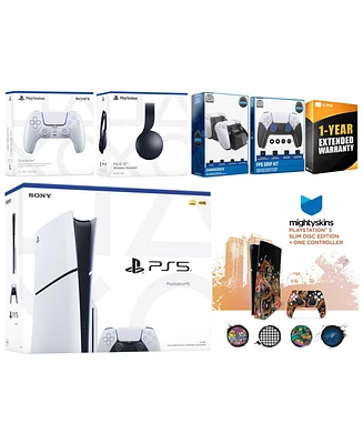 Sony Playstation 5 Slim Disc with Black Pulse Headset, Extra Volcanic Red Controller, Fps Grip Kit, Charge Dock and MightySkins Decal Voucher + 1 Year
