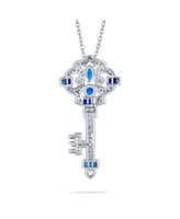 Bling Jewelry Blue Simulated Sapphire Cz Key Pendant Necklace in Sterling Silver