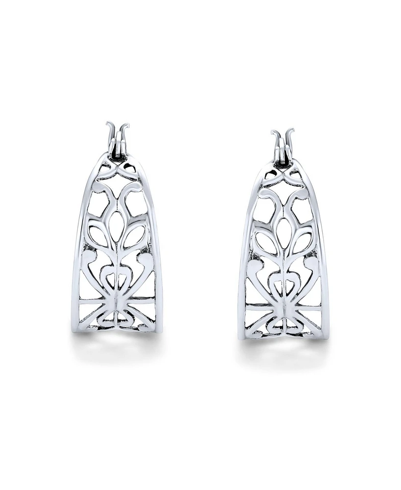 Bling Jewelry Boho Filigree Leaf Hoop Huggie Earrings Sterling Silver 1 Inch Diameter