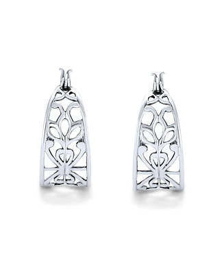 Bling Jewelry Boho Filigree Leaf Hoop Huggie Earrings Sterling Silver 1 Inch Diameter