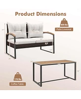 Gymax Set of 2 Pe Wicker Furniture Set Loveseat w/ Acacia Wood Coffee Table Patio