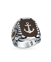 Bling Jewelry Nautical Etched Brown Wood Inset Large Boat Anchor Signet Ring Solid .925 Sterling Silver