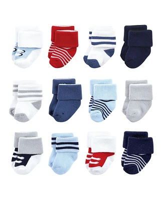 Luvable Friends Baby Boys Newborn Terry Socks, Red Navy Sneakers 12-Pack, 0-6 Months