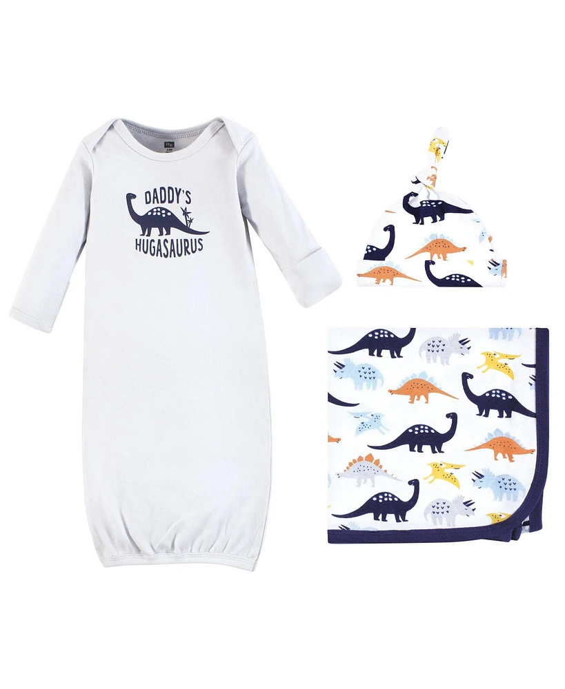 Hudson Baby Baby Boys Hudson Gown, Swaddle Blanket and Cap or Headband, Hugasaurus, 0-6 Months