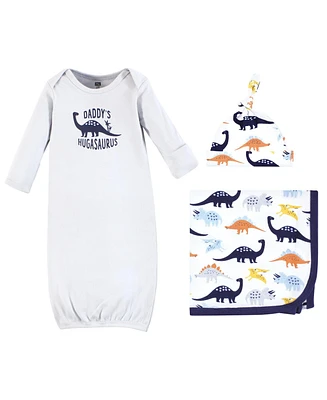 Hudson Baby Baby Boys Hudson Gown, Swaddle Blanket and Cap or Headband, Hugasaurus, 0-6 Months