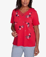 Alfred Dunner Women's Land of The Free Embroidered Stars Crisscross V-Neck T-Shirt