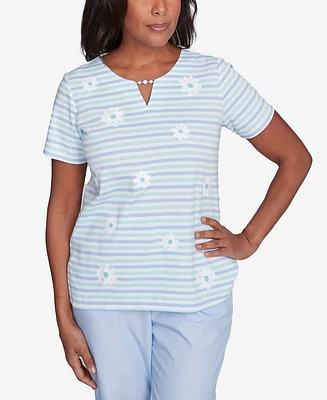 Alfred Dunner Women's St. Thomas Embroidered Daisy Striped Keyhole Neck T-Shirt