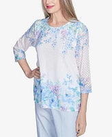 Alfred Dunner Women's St. Thomas Textured Sky Blue Floral Border Crew Neck Top