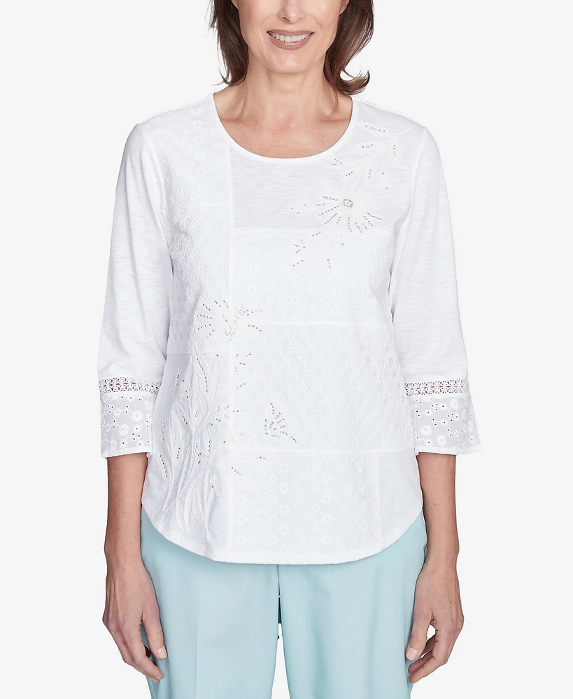 Alfred Dunner Women's St. Thomas Lace Patchwork Embellished Sleeve Crew Neck Top