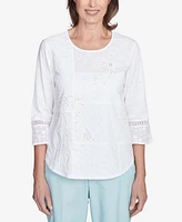 Alfred Dunner Women's St. Thomas Lace Patchwork Embellished Sleeve Crew Neck Top