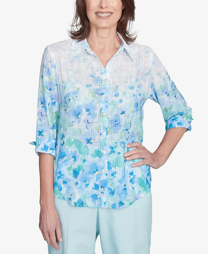 Alfred Dunner Women's St. Thomas Border Floral Collared Neck Top