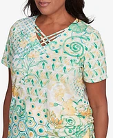 Alfred Dunner Women's Rise Shine Tropical Geometric Patchwork V-Neck T-Shirt
