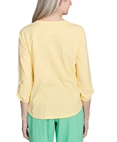 Alfred Dunner Women's Rise Shine Sunny Floral Embroidered Split Neck Top