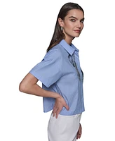 Karl Lagerfeld Paris Women's Sequin-Bow Poplin Button-Front Top