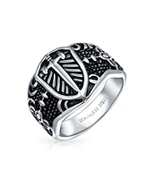 Bling Jewelry Religious Viking Shield Maltase Fleur De Lis Cross Signet Band Ring Oxidized Silver Tone Stainless Steel
