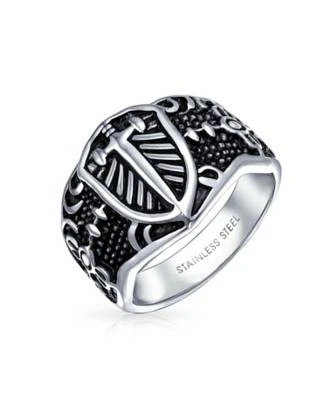 Bling Jewelry Religious Viking Shield Maltase Fleur De Lis Cross Signet Band Ring Oxidized Silver Tone Stainless Steel