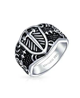 Bling Jewelry Religious Viking Shield Maltase Fleur De Lis Cross Signet Band Ring Oxidized Silver Tone Stainless Steel