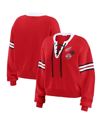 Wear by Erin Andrews Women's Red Detroit Wings Cropped Lace-Up Sweater