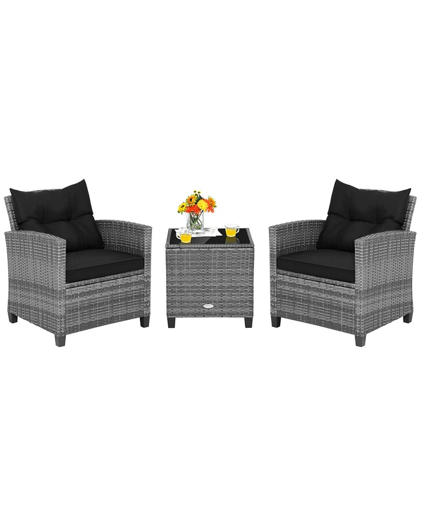 3PCS Patio Rattan Furniture Bistro Set Cushioned Sofas Side Table Armrest