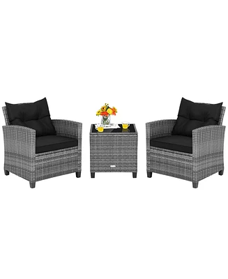 3PCS Patio Rattan Furniture Bistro Set Cushioned Sofas Side Table Armrest