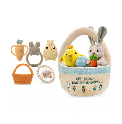 Sperric Toddler Easter Plush and Teether Playset, Includes Bunny, Carrot, Chicken, Rattle Egg & Basket, Perfect Sensory Decorative Gift Newborns