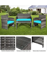 4PCS Patio Rattan Furniture Set Conversation Glass Table Top Cushioned