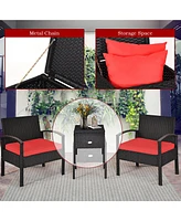 3PC Outdoor Patio Rattan Furniture Set Storage Coffee Table Cushioned Sofa