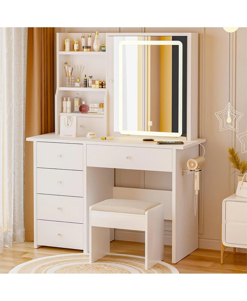 Dyhome Vanity Desk with Sliding Mirror and Led Lights & Charging Station
