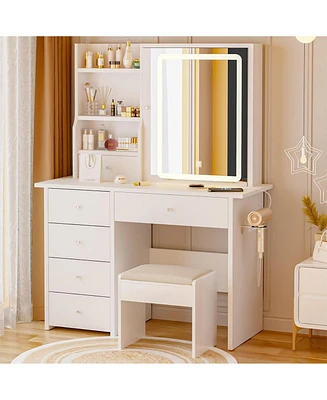 Dyhome Vanity Desk with Sliding Mirror and Led Lights & Charging Station
