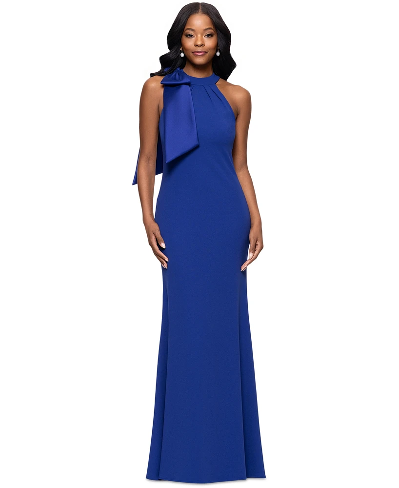Betsy & Adam Women's Bow-Embellished Halter Neck Sleeveless Gown