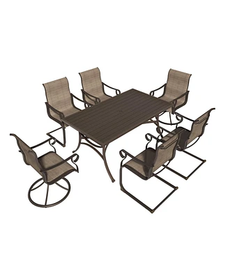 7-Piece Metal Outdoor Patio Dining Set with Rectangle Table with 1.9" Umbrella Hole and Textilene Swivel Chairs C-Spring Chairs