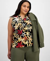 Anne Klein Plus Printed Triple-Pleated V-Neck Top