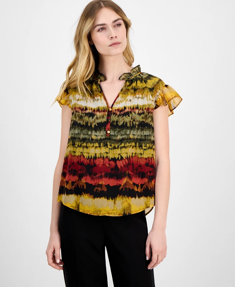 Anne Klein Women's Printed Ruffled-Neck Flutter-Sleeve Chiffon Top