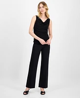 Anne Klein Women's Ruched Draped-Neck Textured Crepe Knit Top